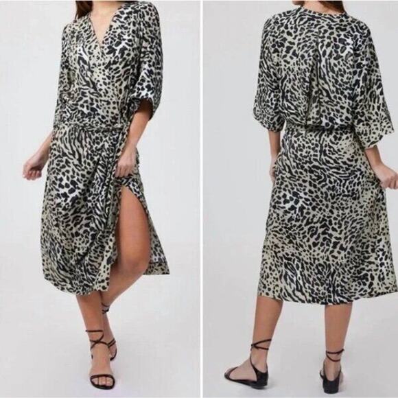 SMYTHE Sz XS Cheetah Print Drop Waist Kimono Style Dress 3/4 Sleeve NEW